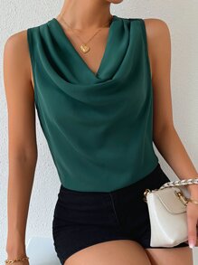 Chiquease Solid Draped Collar Sleeveless Blouse - Dark Green - View 1