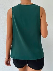 Chiquease Solid Draped Collar Sleeveless Blouse - Dark Green - View 2