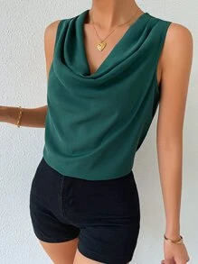 Chiquease Solid Draped Collar Sleeveless Blouse - Dark Green - View 4