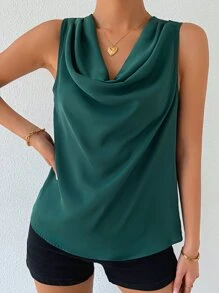 Chiquease Solid Draped Collar Sleeveless Blouse - Dark Green - View 6