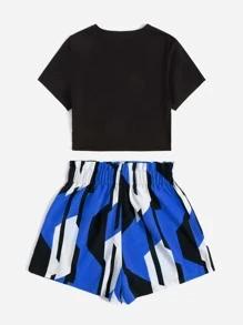 SHEIN LUNE Crop Tee & Paper Bag Waist Tie Front Shorts Set - Royal Blue - View 2