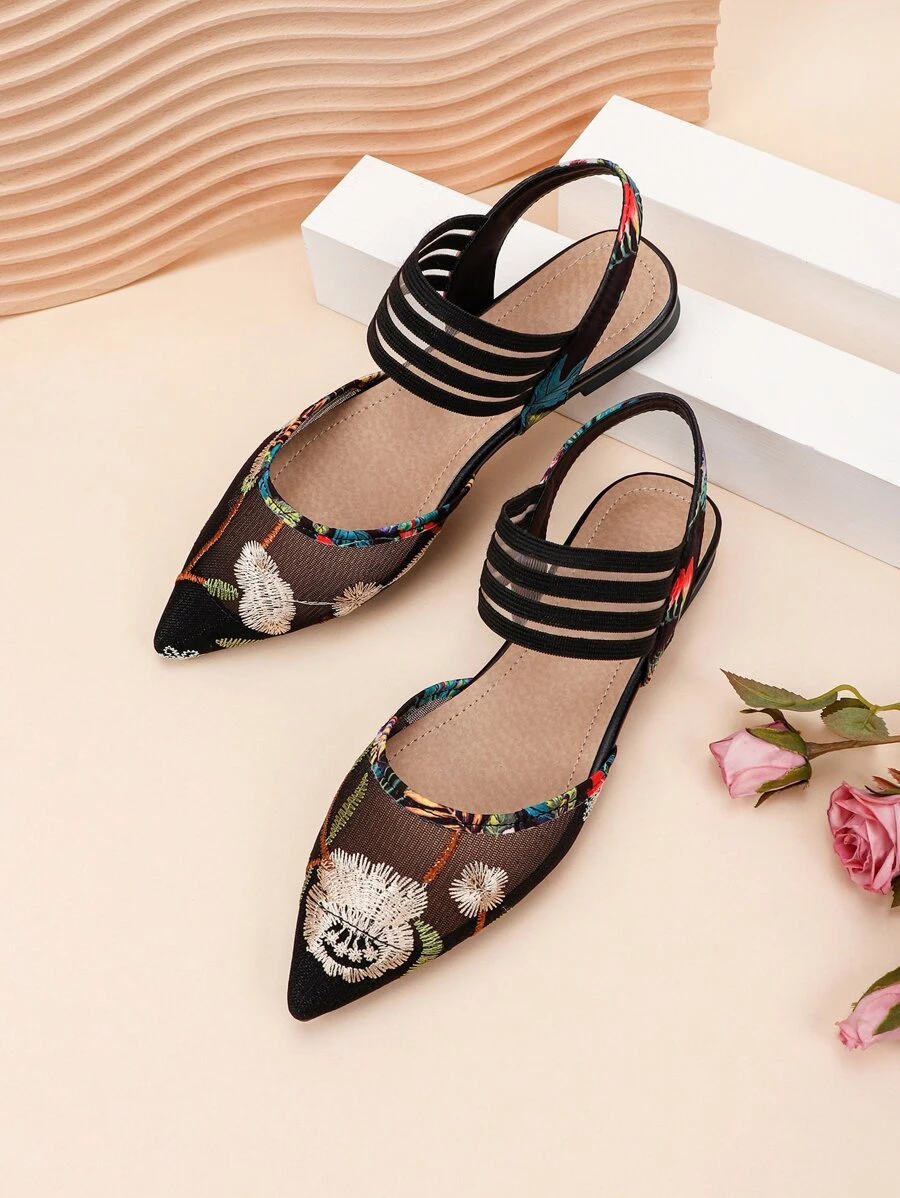 Fall/Winter Women's Embroidered Mesh Mule Flats