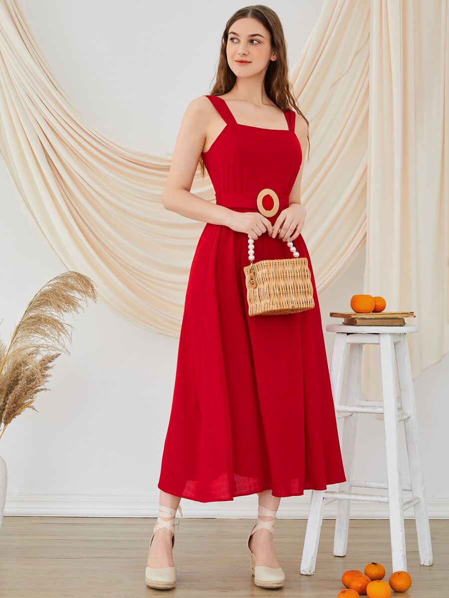 Seusyu 後拉鏈搭扣腰帶吊帶連衣裙