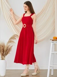 Seusyu 後拉鏈搭扣腰帶吊帶連衣裙