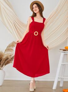 Seusyu 後拉鏈搭扣腰帶吊帶連衣裙