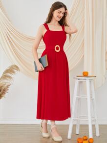 Seusyu 後拉鏈搭扣腰帶吊帶連衣裙