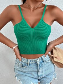Solid Ribbed Crop Cami Knit Top - Green - View 3
