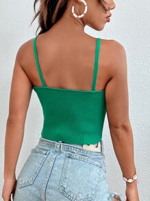 Solid Ribbed Crop Cami Knit Top - Green - View 2