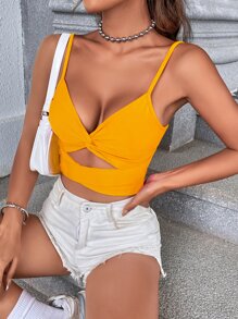 SHEIN Essnce 鏤空前扭結後綁帶吊帶短上衣 - 芥末黃 - 查看 5