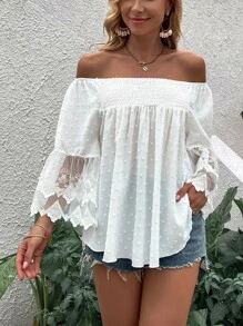 SHEIN Unity Swiss Dot Off Shoulder Shirred Contrast Embroidery Mesh Blouse - White - View 1
