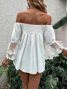 SHEIN Unity Swiss Dot Off Shoulder Shirred Contrast Embroidery Mesh Blouse - White - View 2