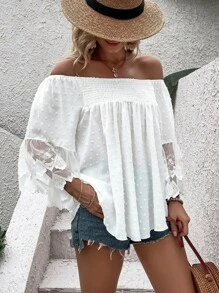 SHEIN Unity Swiss Dot Off Shoulder Shirred Contrast Embroidery Mesh Blouse - White - View 4