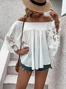 SHEIN Unity Swiss Dot Off Shoulder Shirred Contrast Embroidery Mesh Blouse - White - View 5