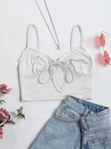 SHEIN Unity Lace Trim Tie Front Cami Crop Top - White - View 1