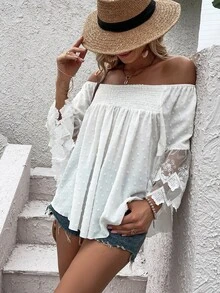 SHEIN Unity Swiss Dot Off Shoulder Shirred Contrast Embroidery Mesh Blouse - White - View 6