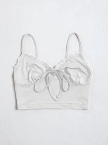 SHEIN Unity Lace Trim Tie Front Cami Crop Top - White - View 3