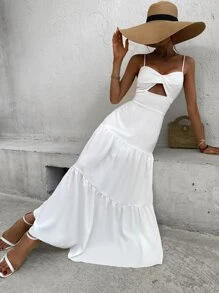 Breezaya 扭纹前开衩荷叶边下摆超长吊带连衣裙度假海滩装女款 - 白色 - 查看 3
