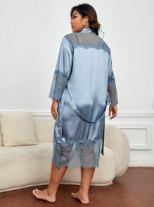 Plus Contrast Lace Belted Satin Robe Without Underwear - Dusty Blue - View 2