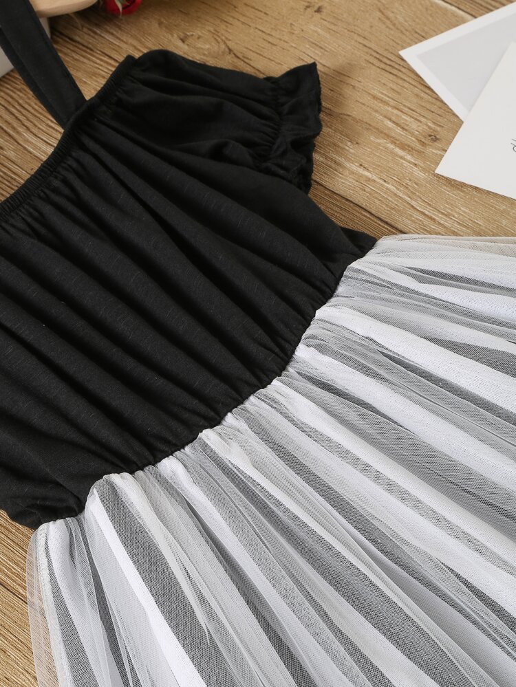 SHEIN Girls 1pc Vertical Striped Mesh Panel Cold Shoulder A-line Dress - Multicolor - View 7