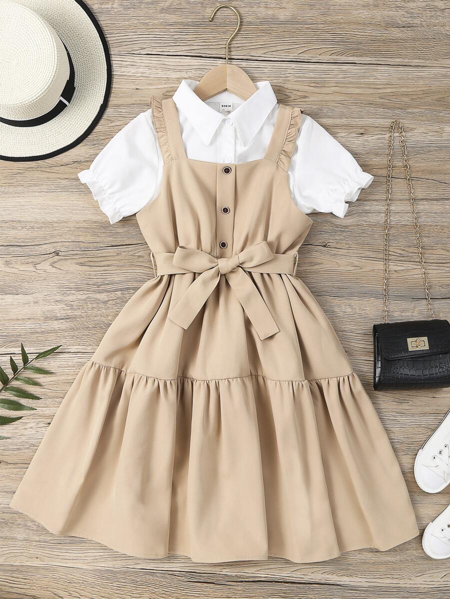 Toddler Girls Flounce Sleeve Blouse & Ruffle Hem Belted Dress - Multicolor - View 1