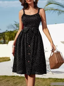 SHEIN VCAY 波卡圓點褶邊繫腰帶洋裝 - 黑色 - 查看 1