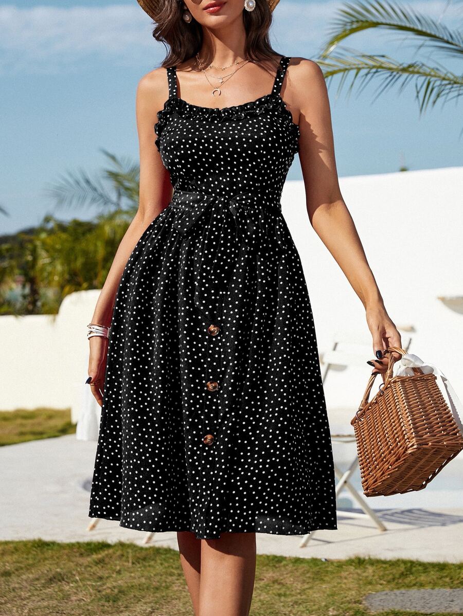 SHEIN VCAY 波卡圓點褶邊繫腰帶洋裝 - 黑色 - 查看 1