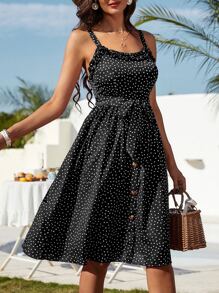 SHEIN VCAY 波卡圓點褶邊繫腰帶洋裝 - 黑色 - 查看 3