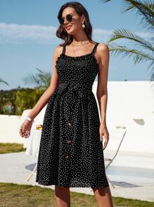 SHEIN VCAY 波卡圓點褶邊繫腰帶洋裝 - 黑色 - 查看 5