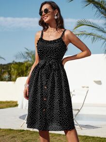 SHEIN VCAY 波卡圓點褶邊繫腰帶洋裝 - 黑色 - 查看 6