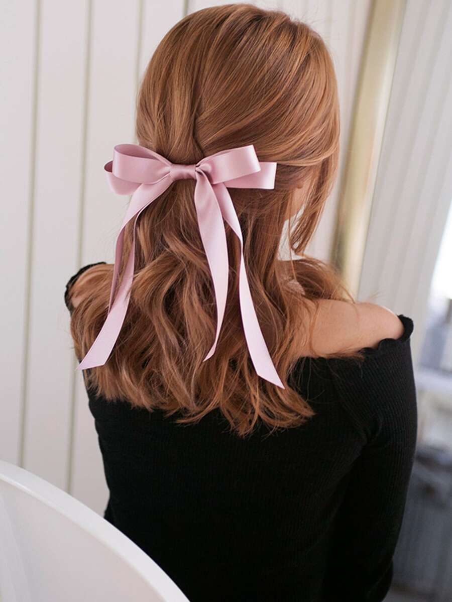 1pc Shiny Double-Layer Streamers Bow Hair Clip, Versatile Elegant Hair Accessory Suitable For Any Occasion Cute - Pink - View 1