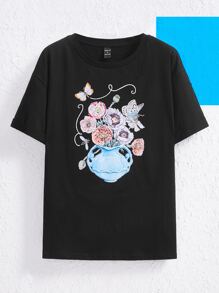 Claudette Lambert Camiseta con estampado floral con mariposa - Negro - Ver 1