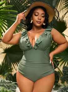 Plus Ruffle Trim One Piece Swimsuit,Summer Beach - Army Green - View 1