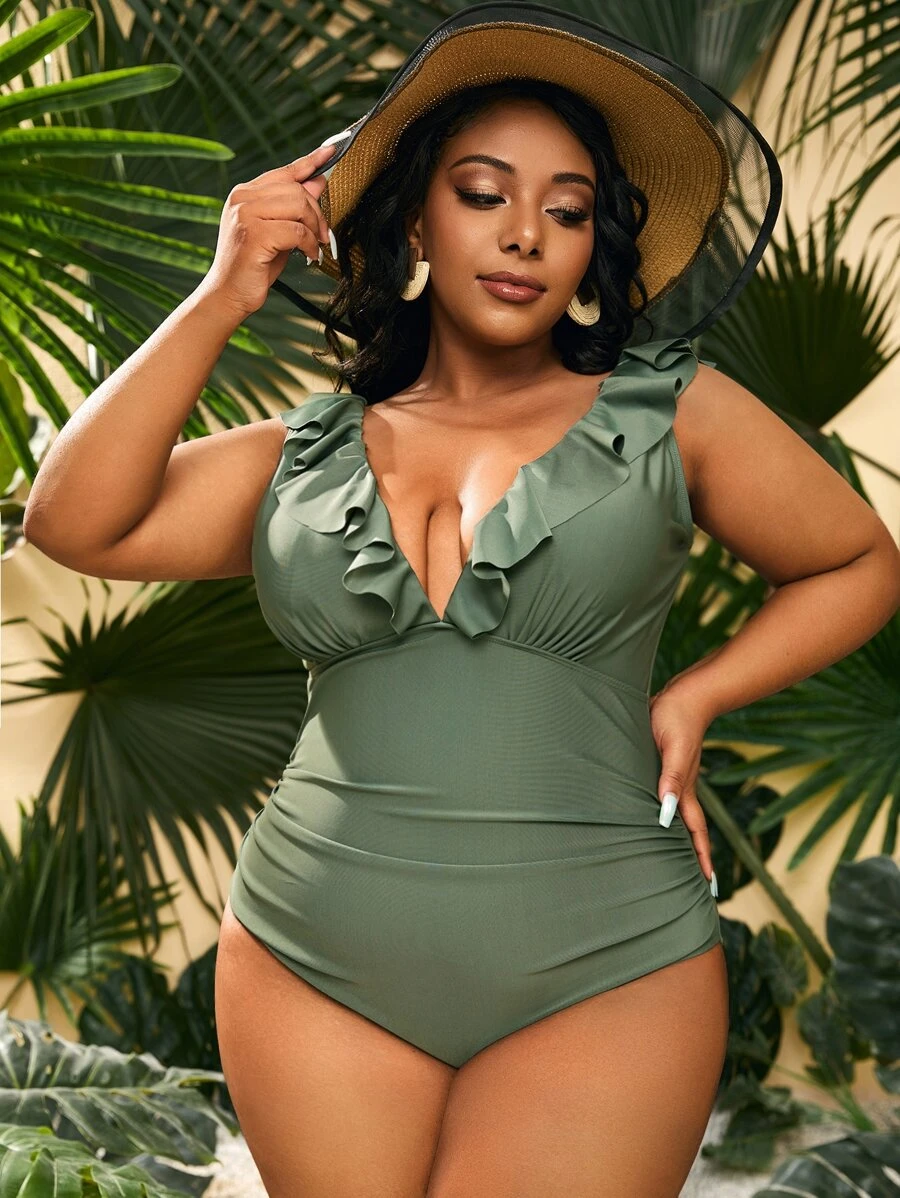 Plus Ruffle Trim One Piece Swimsuit,Summer Beach - Army Green - View 1
