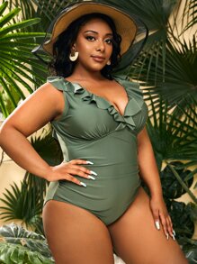 Plus Ruffle Trim One Piece Swimsuit,Summer Beach - Army Green - View 3