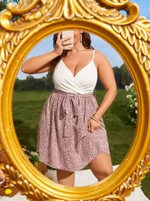 SHEIN Unity Vestido de tirantes con estampado de lunares fruncido con cinturón - Multicolor - Ver 1