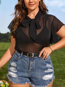 Blusa con cordón delantero transparente sin sujetador - Negro - Ver 1