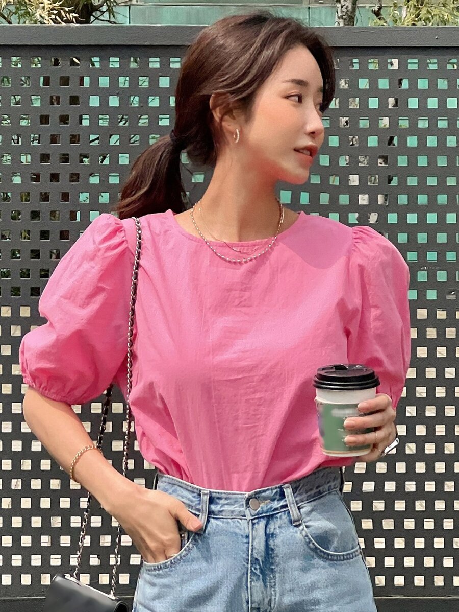 DAZY Blusa De Manga Abullonada Con Agujero En La Espalda - Rosa - Ver 1