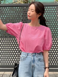 DAZY Blusa De Manga Abullonada Con Agujero En La Espalda - Rosa - Ver 5