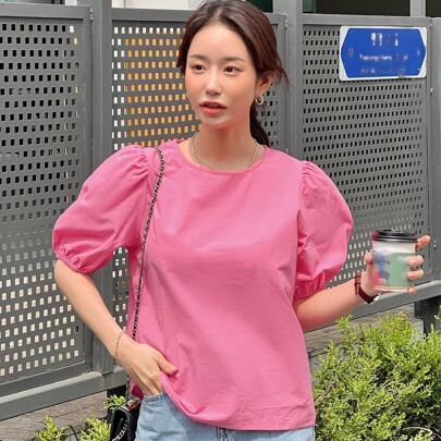 키홀 백 퍼프 소매 블라우스