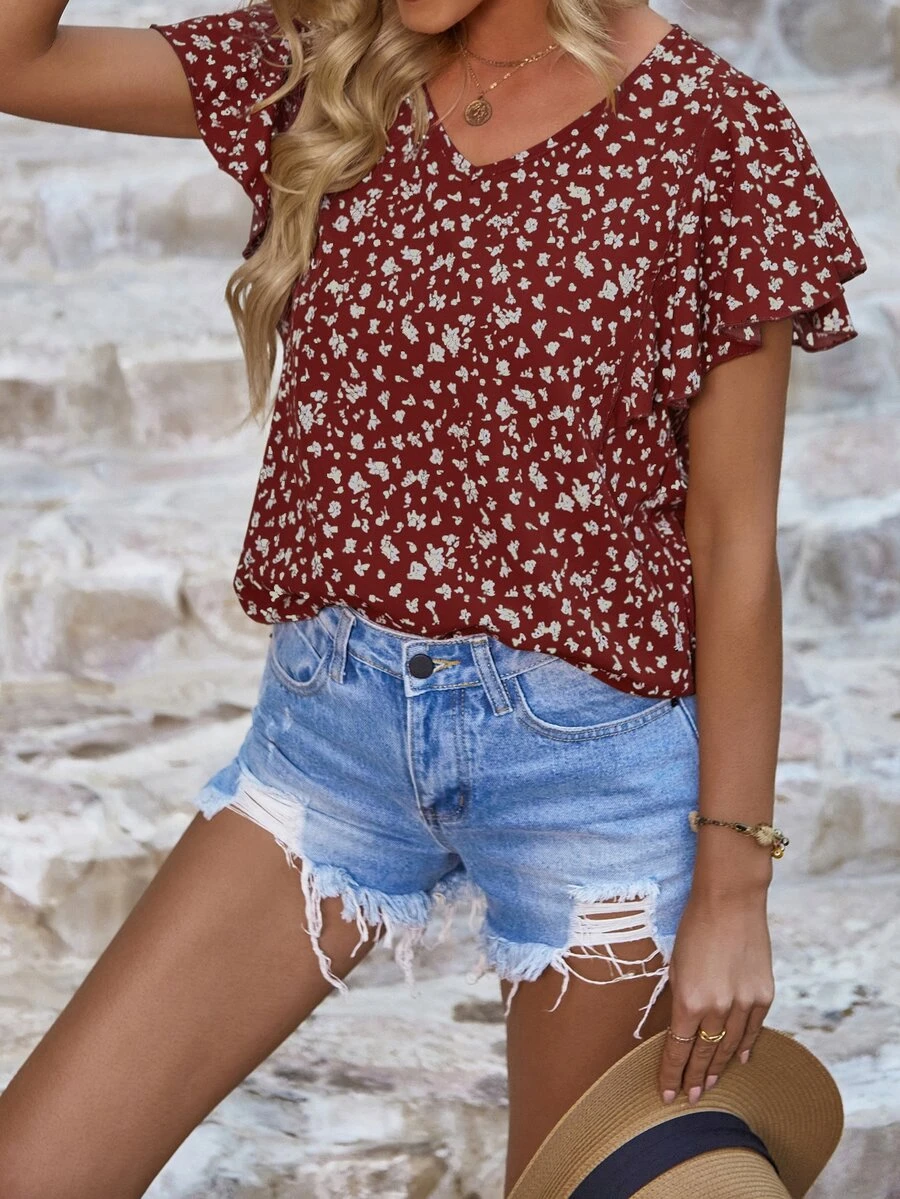 SHEIN VCAY Ditsy Floral Print Butterfly Sleeve Blouse - Burgundy - View 1