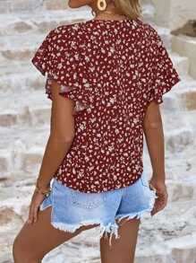 SHEIN VCAY Ditsy Floral Print Butterfly Sleeve Blouse - Burgundy - View 2