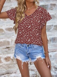 SHEIN VCAY Ditsy Floral Print Butterfly Sleeve Blouse - Burgundy - View 3