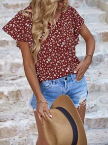 SHEIN VCAY Ditsy Floral Print Butterfly Sleeve Blouse - Burgundy - View 4