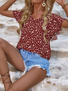 SHEIN VCAY Ditsy Floral Print Butterfly Sleeve Blouse - Burgundy - View 5