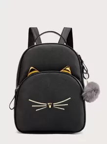 Mochila de niñas con bolsillo delantero con pompón - Negro - Ver 1