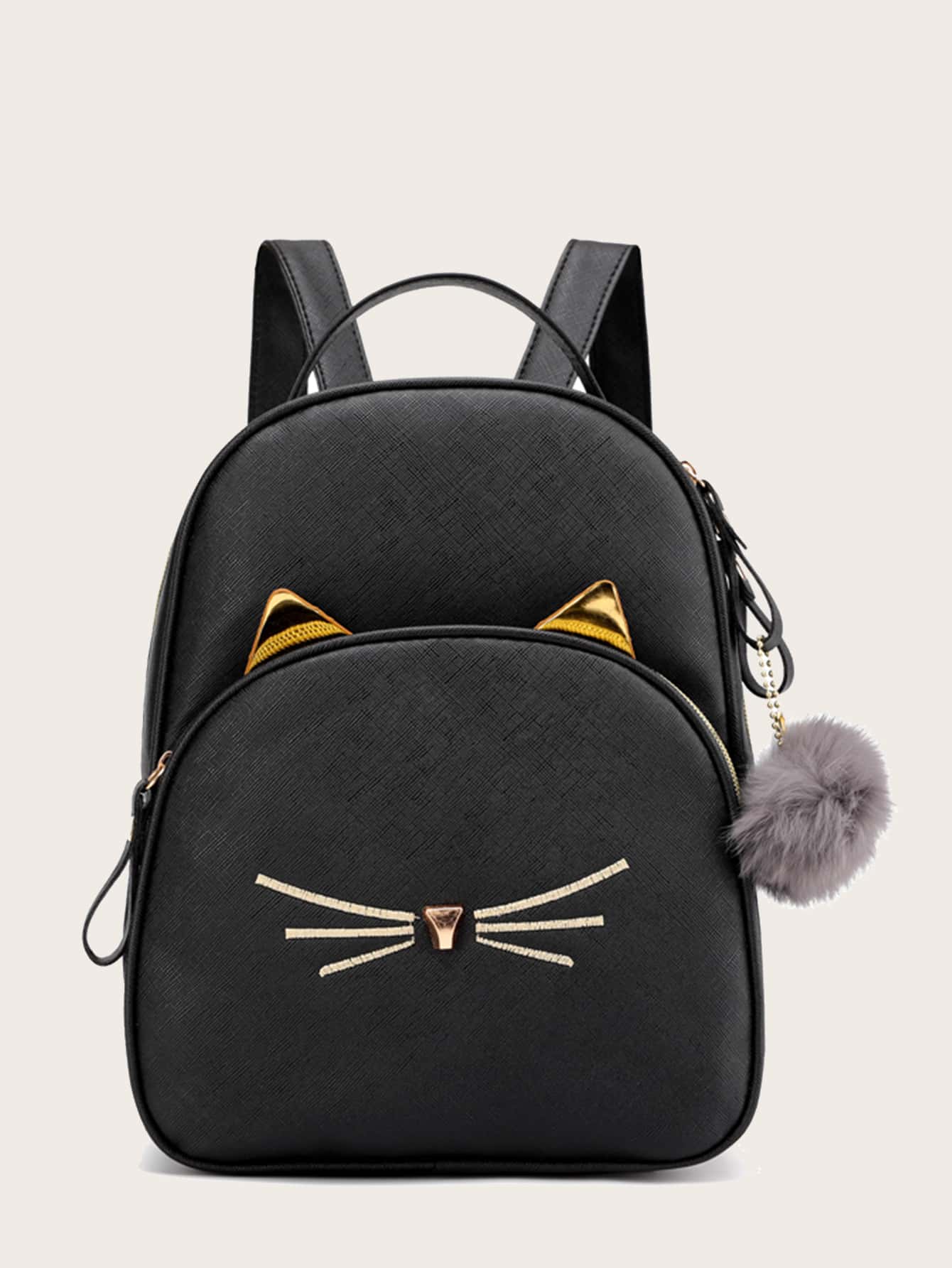Mochila de niñas con bolsillo delantero con pompón - Negro - Ver 1
