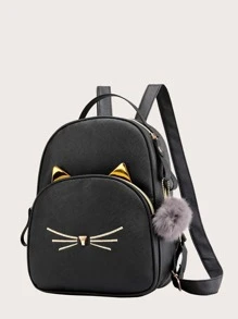 Mochila de niñas con bolsillo delantero con pompón - Negro - Ver 2