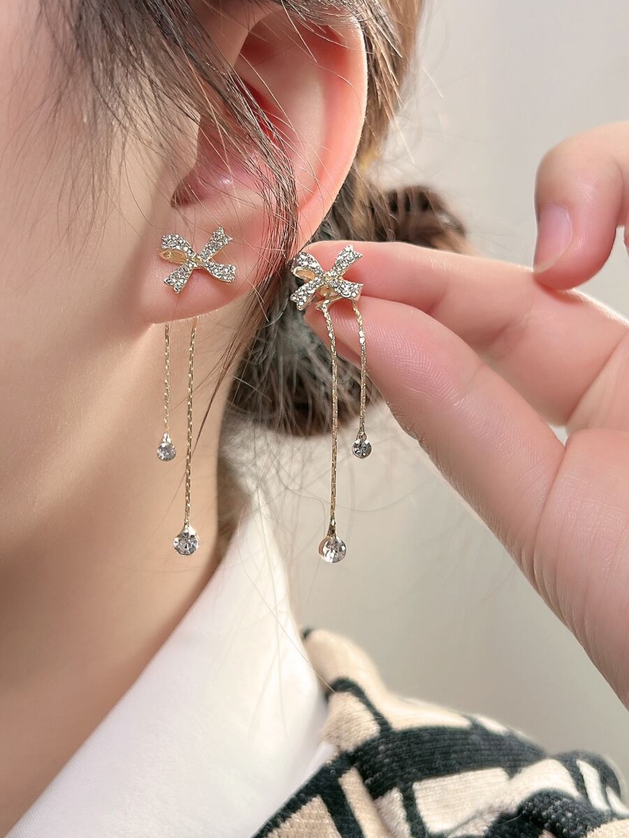 水鑽蝴蝶結裝飾耳夾 - 金黃色 - 查看 1