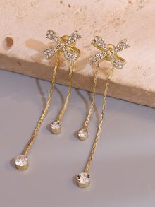 水鑽蝴蝶結裝飾耳夾 - 金黃色 - 查看 2