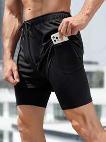 Men Letter Graphic 2 In 1 Sports Shorts With Phone Pocket - Black - View 1